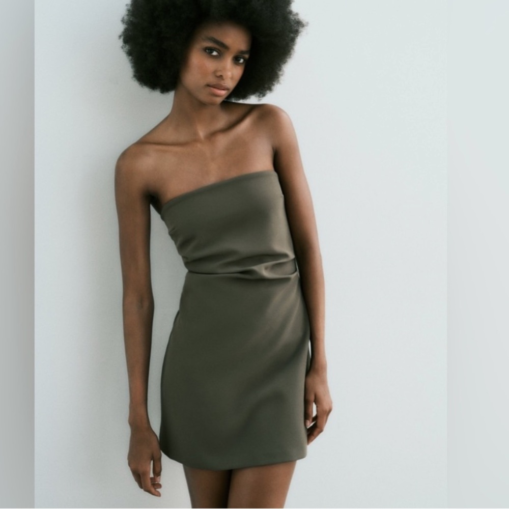 New Zara Green Asymmetrical Ruched Khaki Strapless Cocktail Dress
